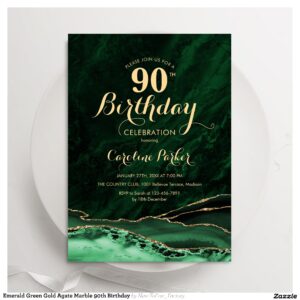 Emerald Green Gold Agate Marble 90th Birthday Invitation