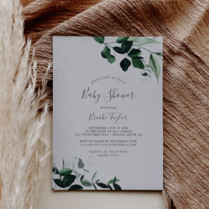 Emerald Greenery   Gray Baby Shower Invitation