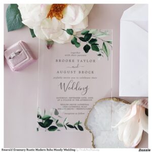Emerald Greenery Rustic Modern Boho Moody Wedding Acrylic Invitations