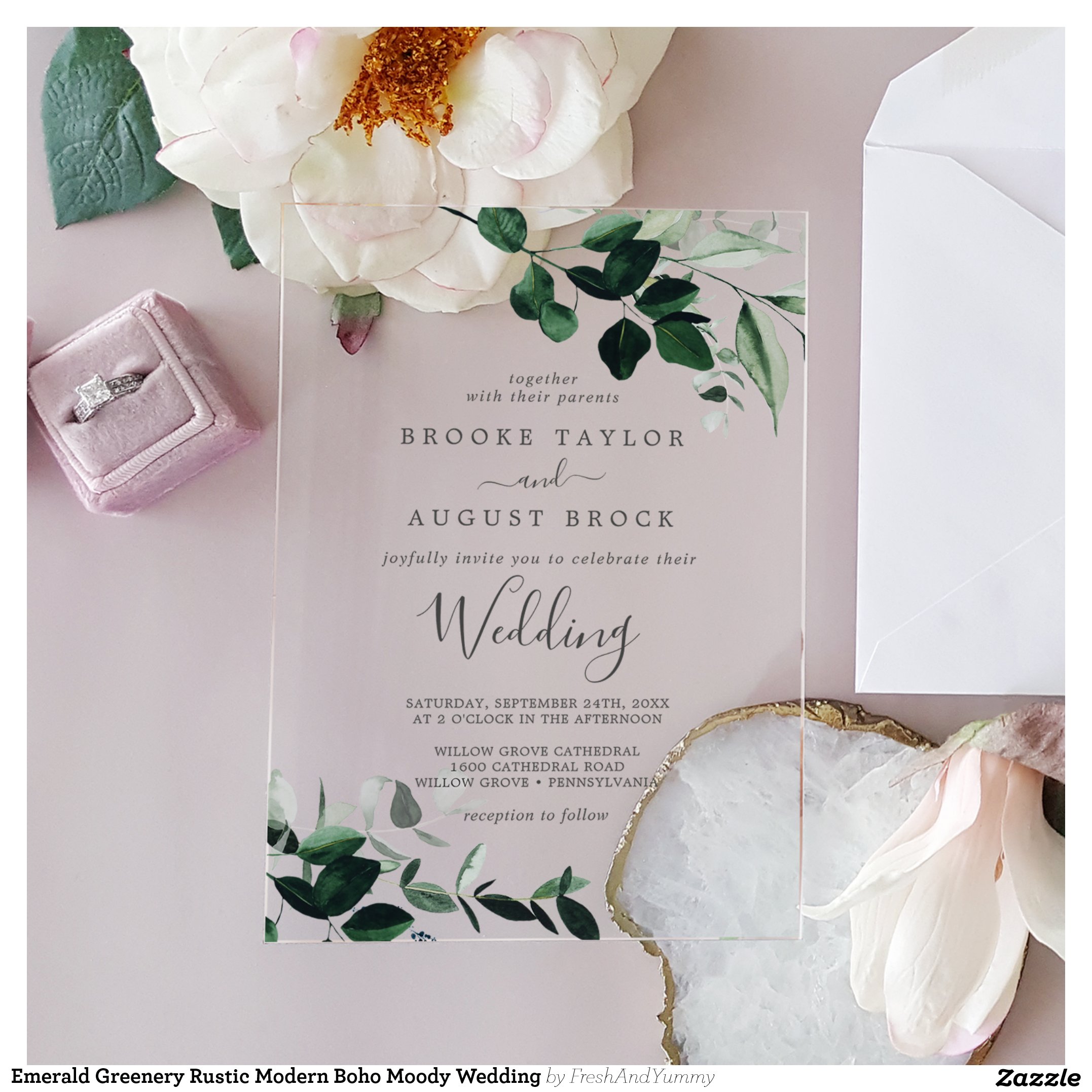 Emerald Greenery Rustic Modern Boho Moody Wedding Acrylic Invitations