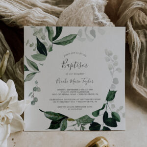 Emerald Greenery Square Baptism Invitation