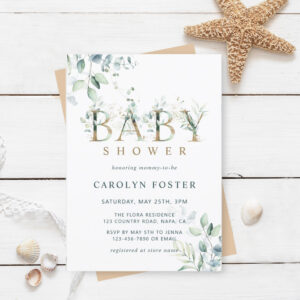 Eucalyptus Botanical Letter Gold Baby Shower Invitation