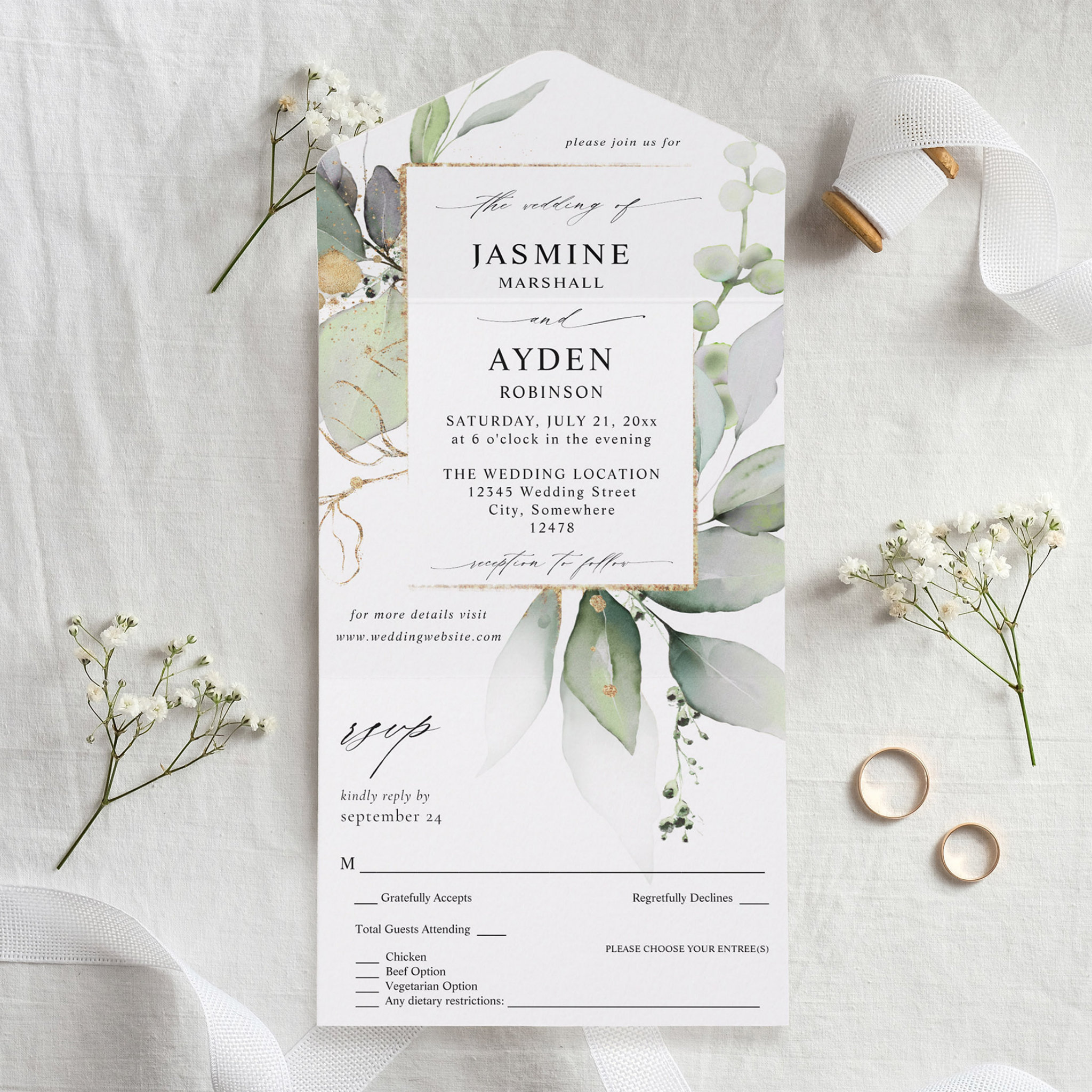 Eucalyptus Glow Gold Greenery Wedding V2 All In One Invitation