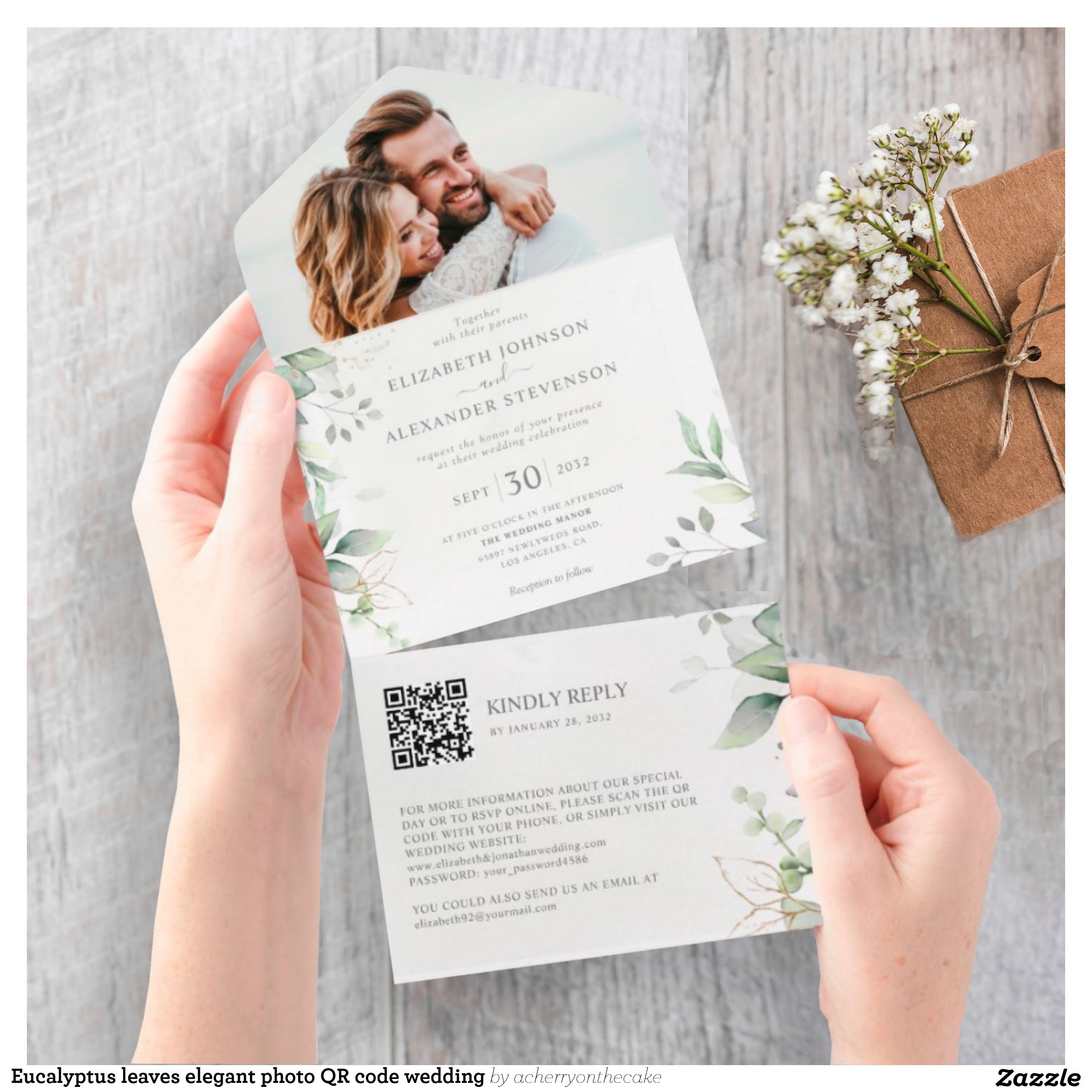 Eucalyptus leaves elegant photo QR code wedding All In One Invitation