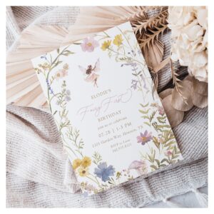 Fairy First Watercolor Floral Girls 1st Birthday Invitation