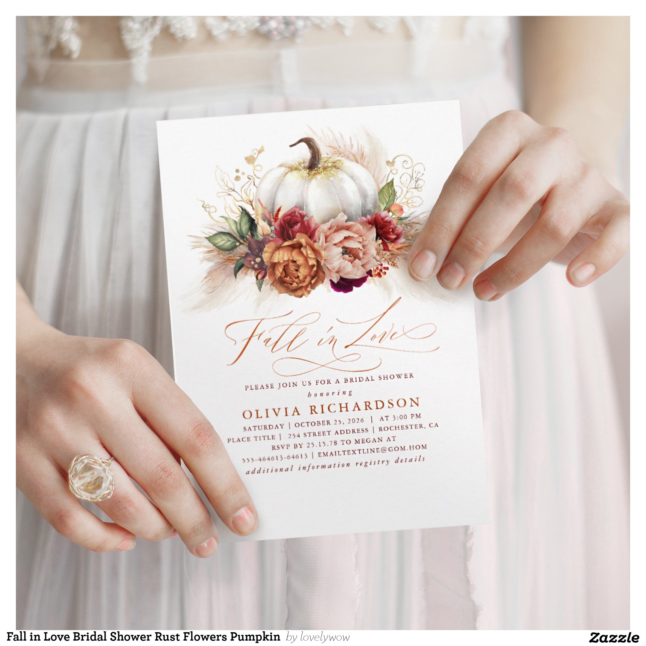 Fall in Love Bridal Shower Rust Flowers Pumpkin  Invitation