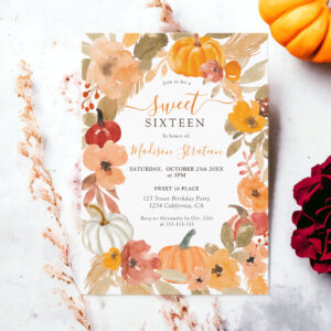 Fall Warm Boho pumpkin floral Sweet 16 birthday Invitation
