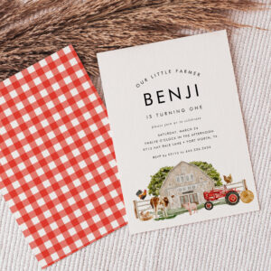 Farm Animal Kids Farmer 1st Birthday Party Invitation