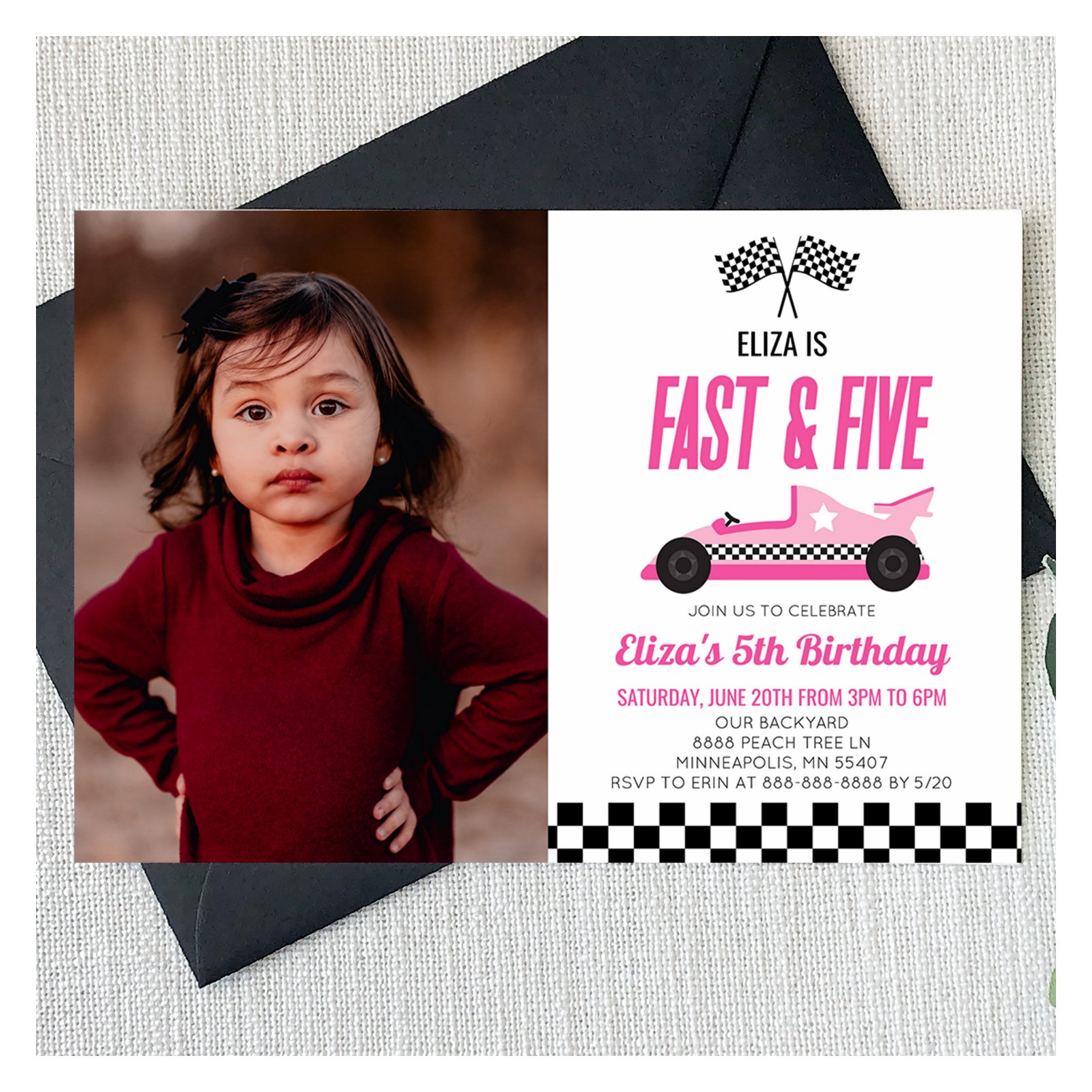 Fast & Five Pink Race Car 5th Birthday Party Invitation