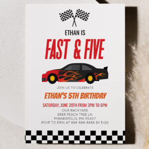 Fast & Five Red Flame Race Car 5th Birthday Party Invitation