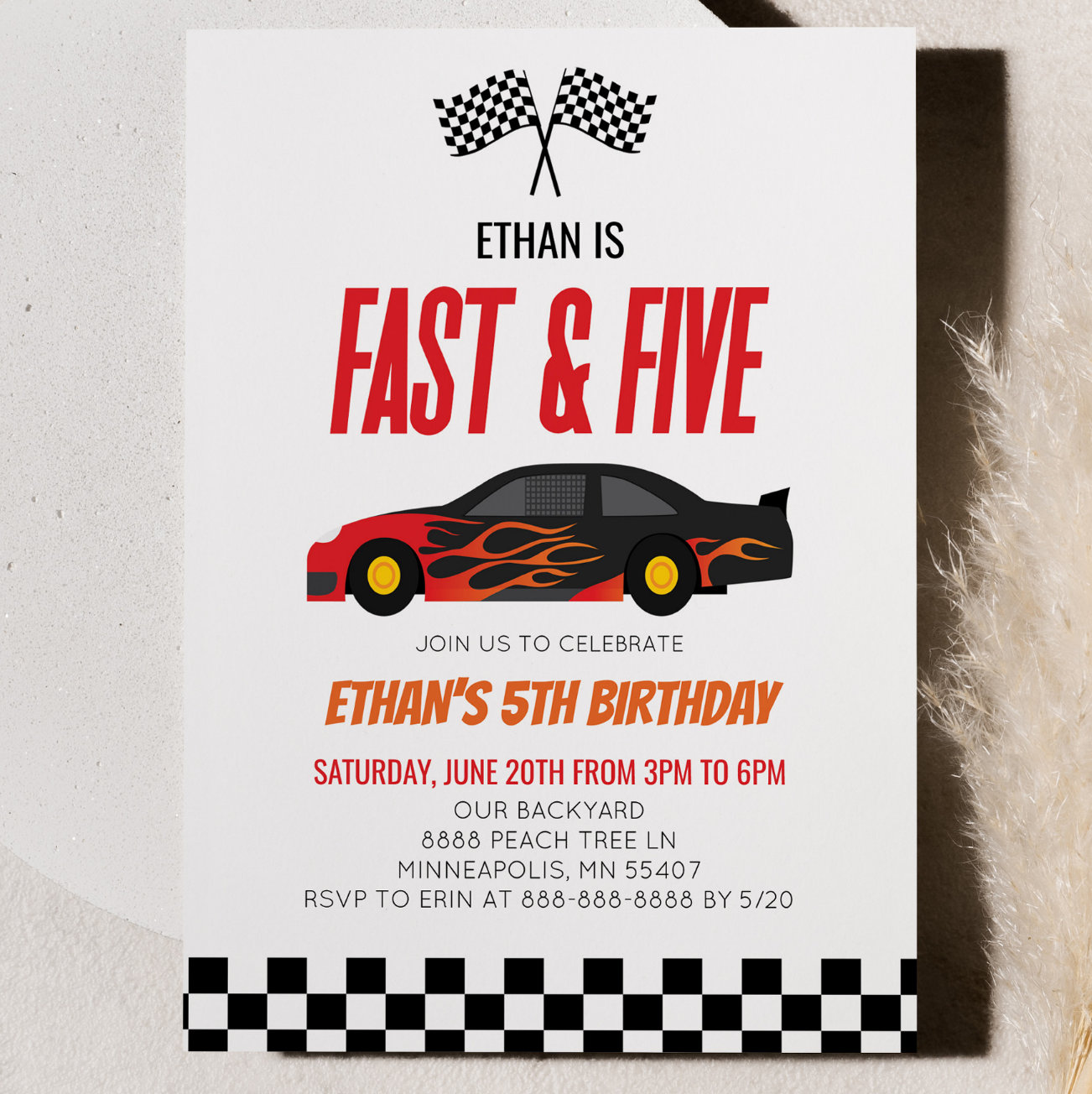 Fast & Five Red Flame Race Car 5th Birthday Party Invitation