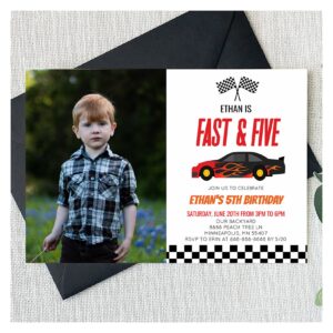 Fast & Five Red Flame Race Car 5th Birthday Party Invitation