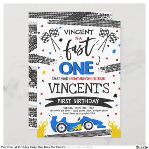 Fast One 1st Birthday Party Blue Race Car Fast One Invitation