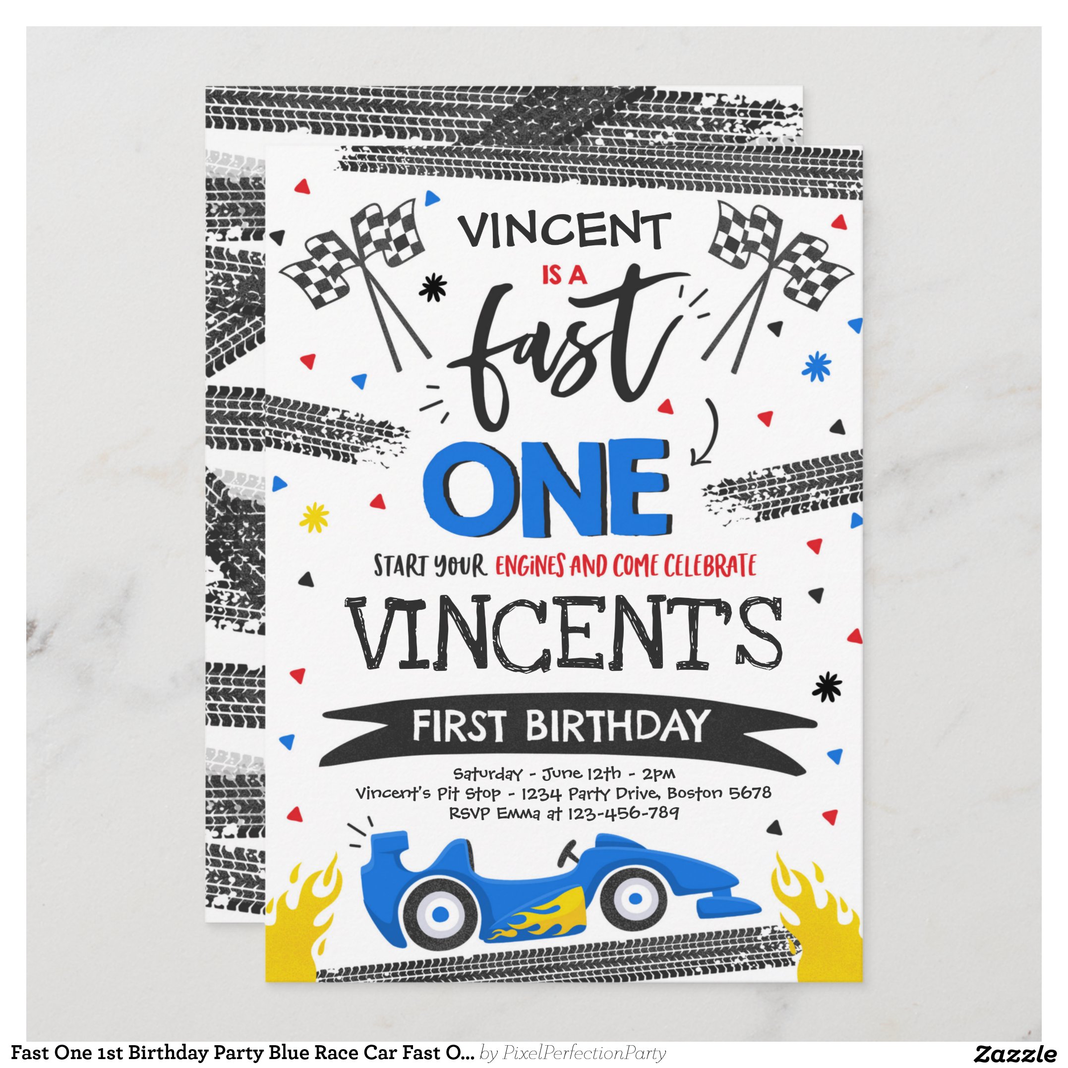 Fast One 1st Birthday Party Blue Race Car Fast One Invitation
