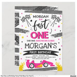 Fast One 1st Birthday Party Pink Race Car Fast One Invitation