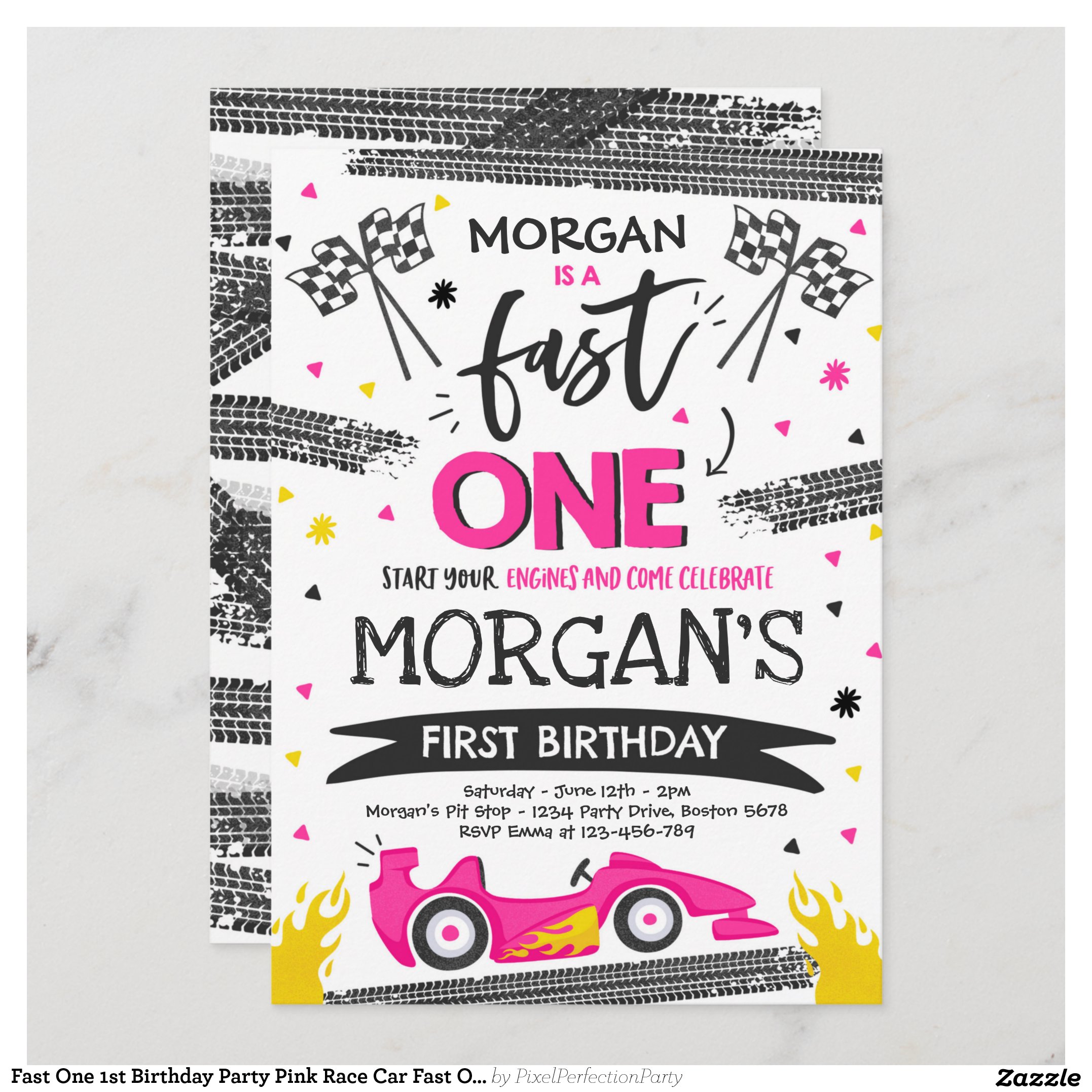 Fast One 1st Birthday Party Pink Race Car Fast One Invitation