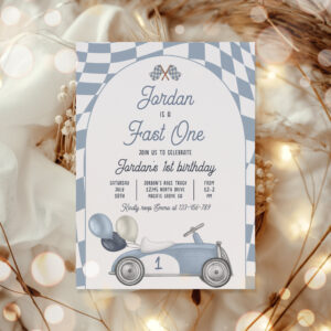 Fast One Birthday Party Blue Race Car 1st Birthday Invitation