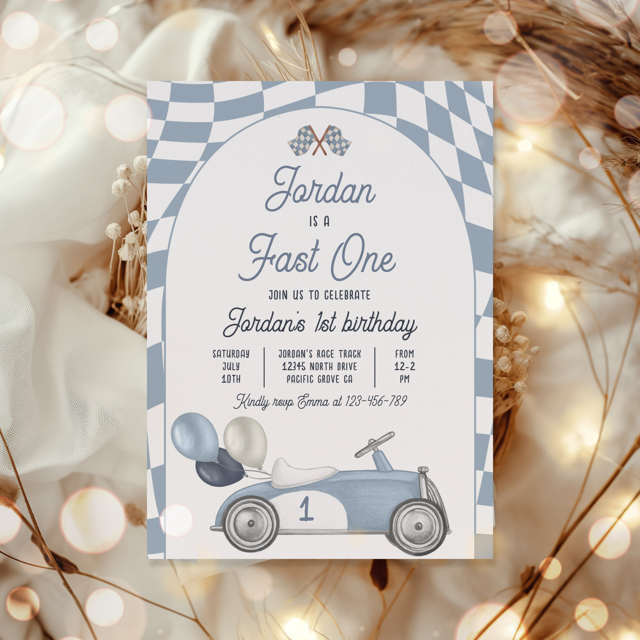 Fast One Birthday Party Blue Race Car 1st Birthday Invitation