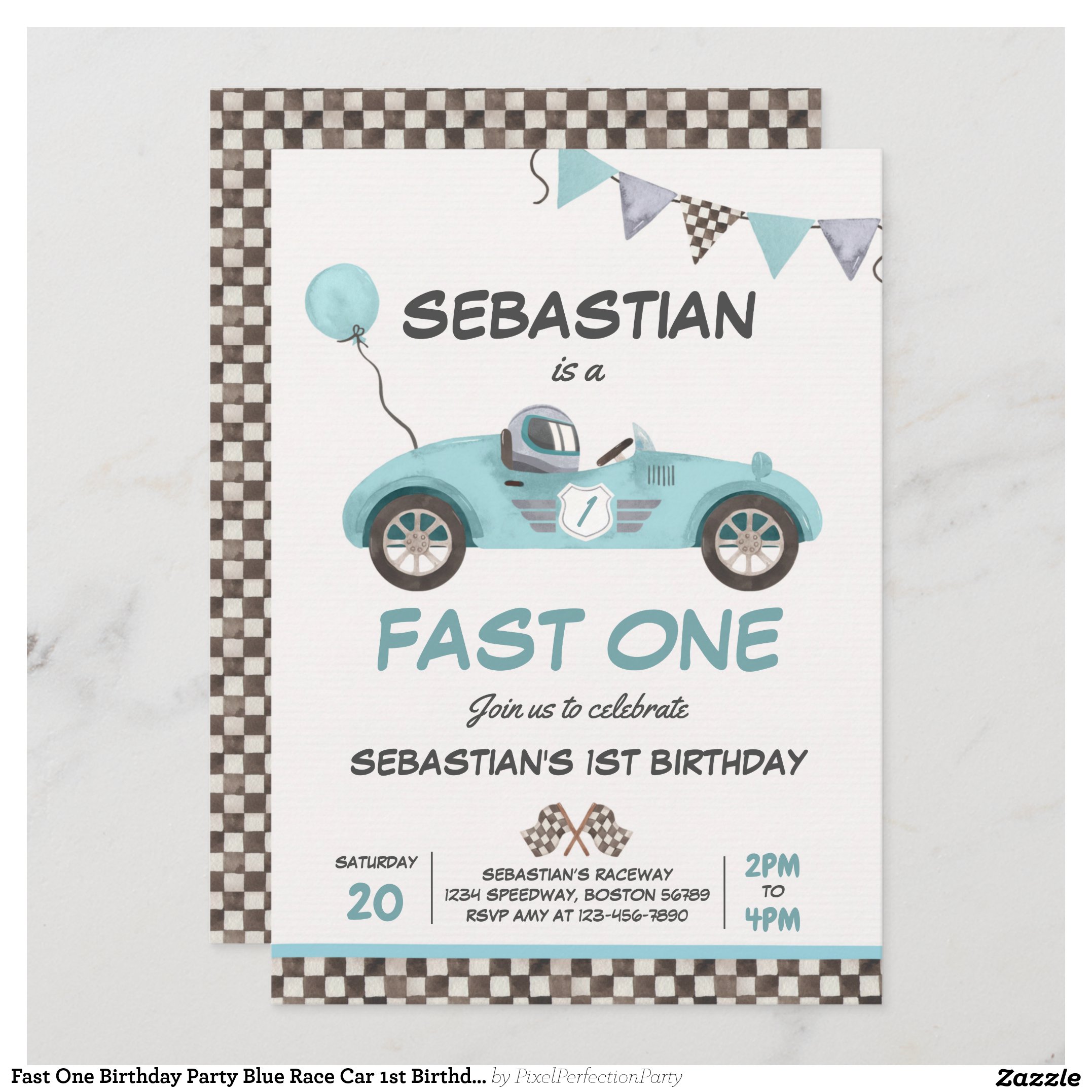 Fast One Birthday Party Blue Race Car 1st Birthday Invitation