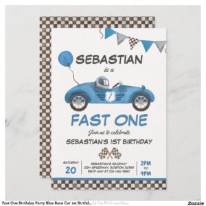 Fast One Birthday Party Blue Race Car 1st Birthday Invitation