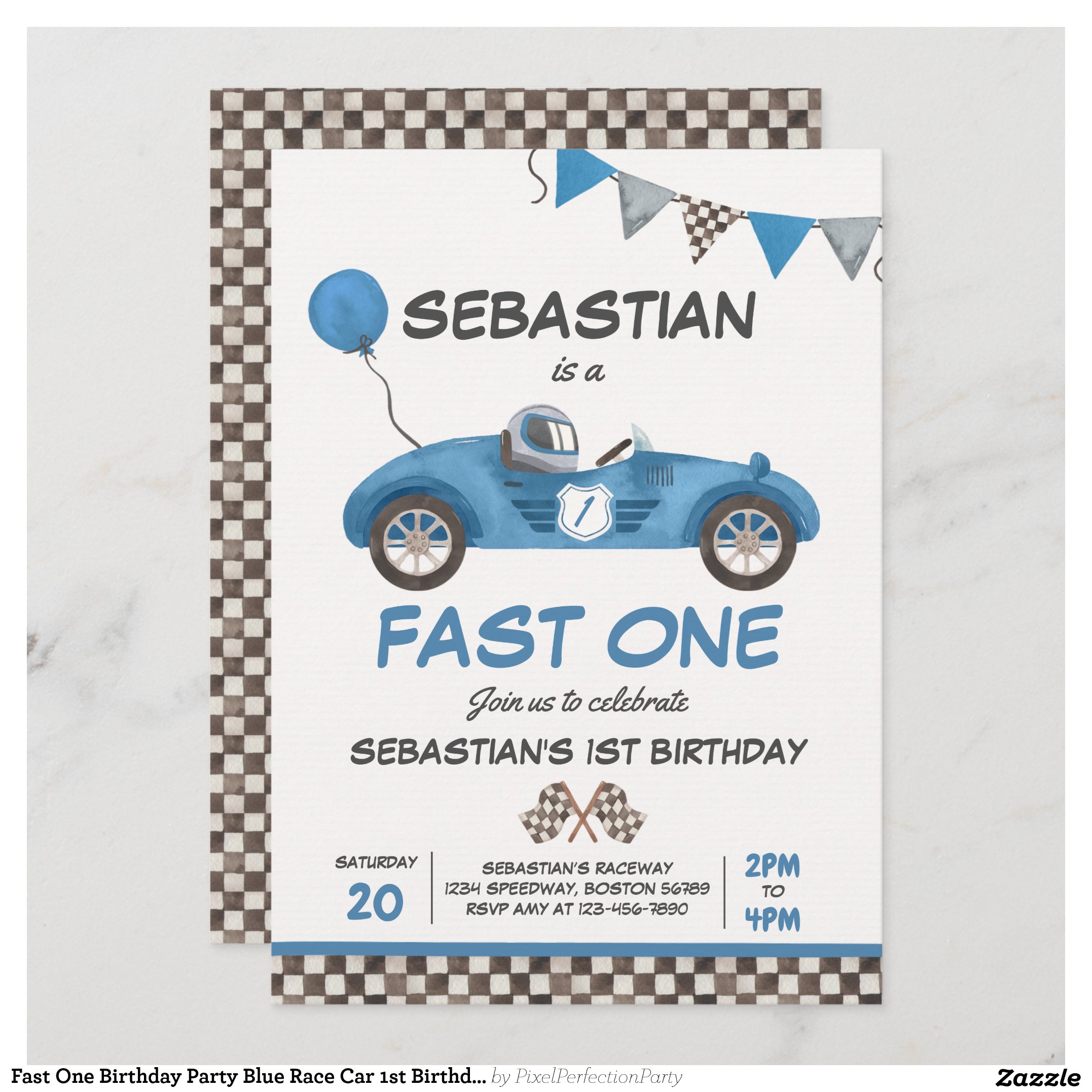 Fast One Birthday Party Blue Race Car 1st Birthday Invitation
