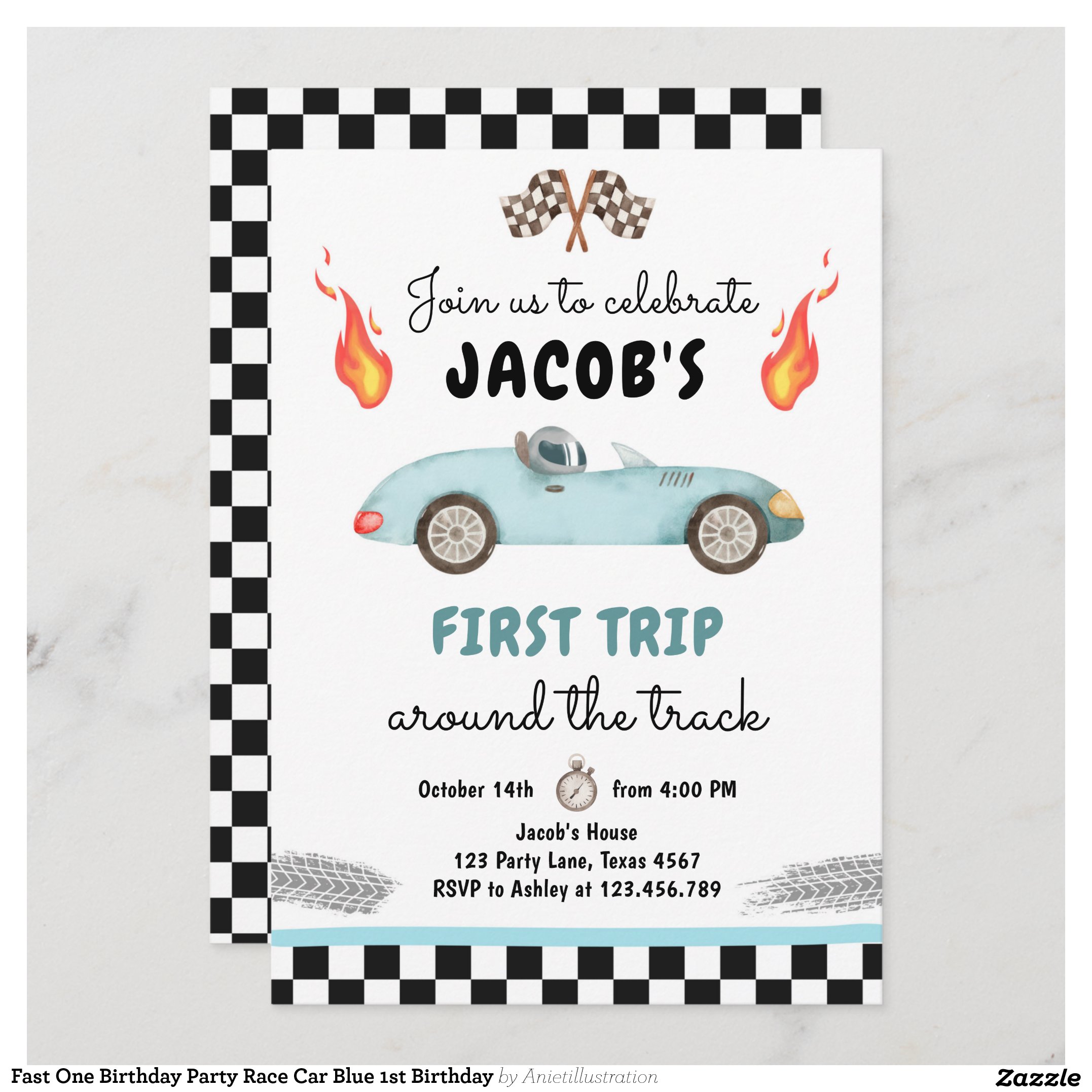 Fast One Birthday Party Race Car Blue 1st Birthday Invitation