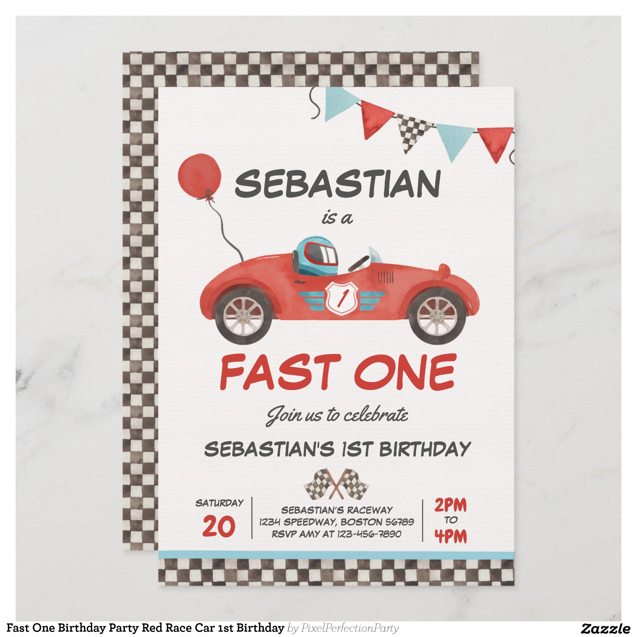 Fast One Birthday Party Red Race Car 1st Birthday Invitation