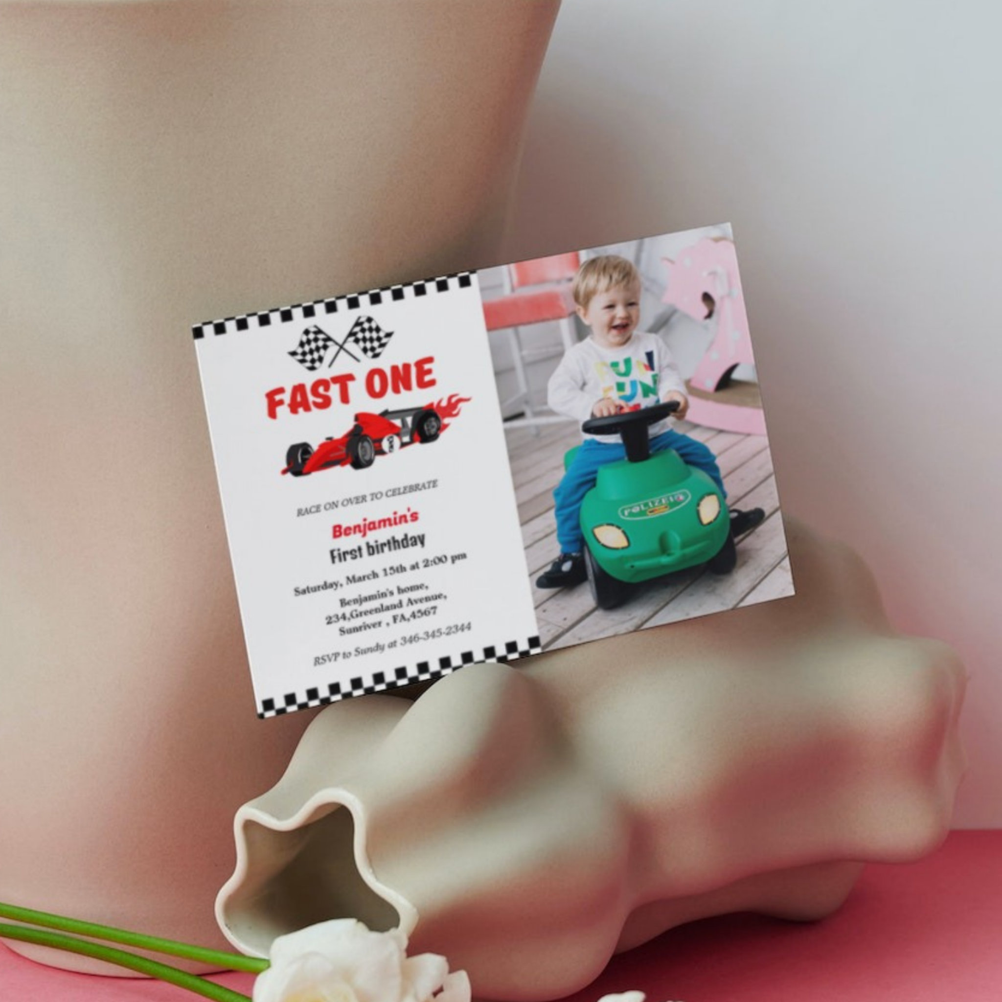 Fast one car race boy first birrthday party invitation