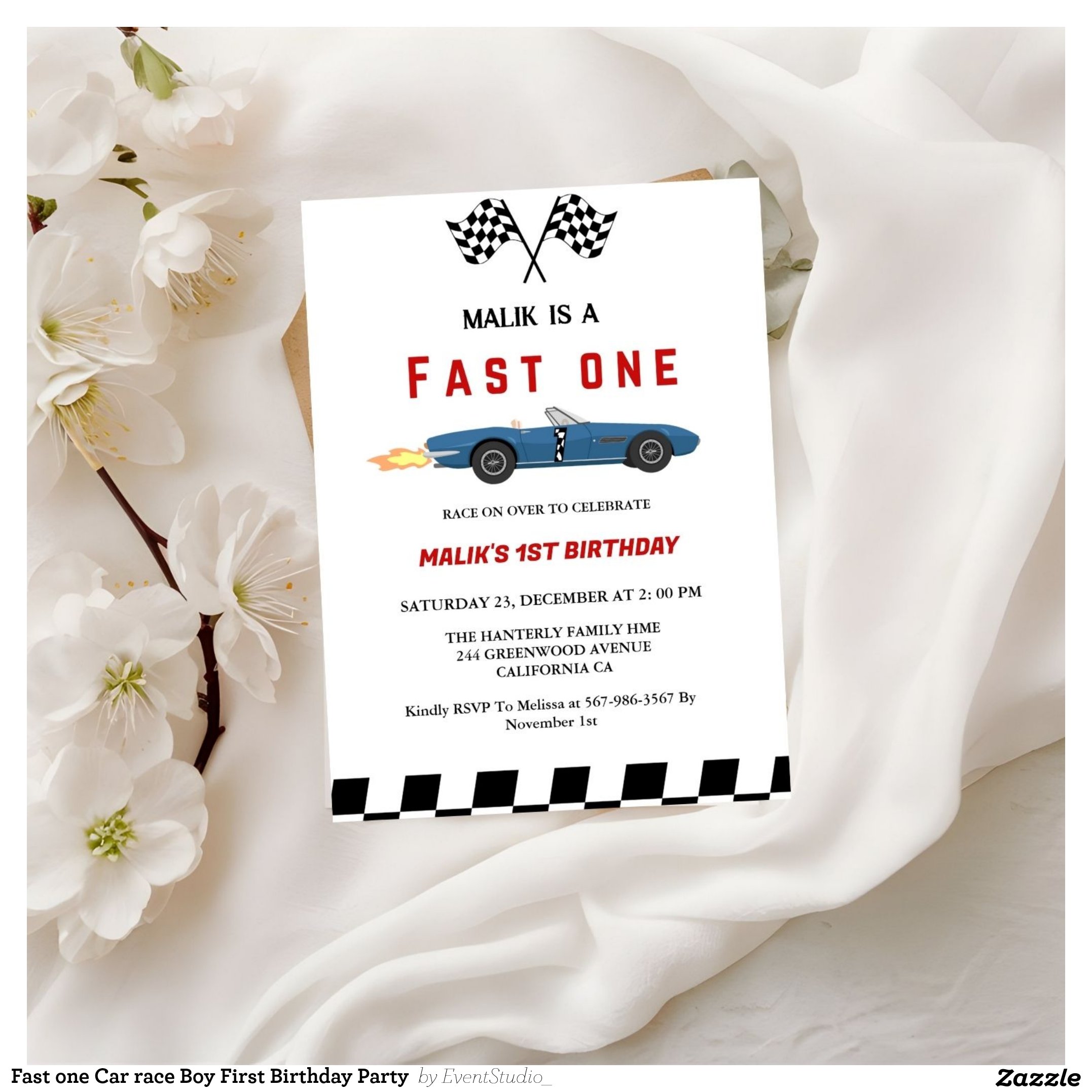 Fast one Car race Boy First Birthday Party  Invitation