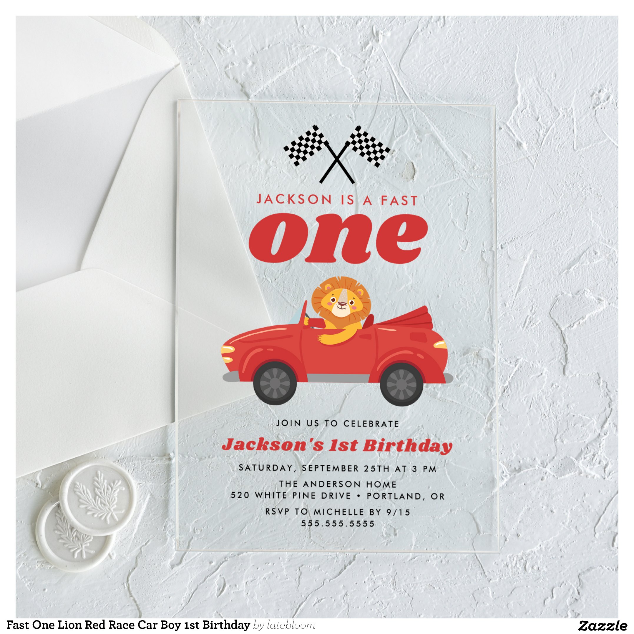 Fast One Lion Red Race Car Boy 1st Birthday Acrylic Invitations