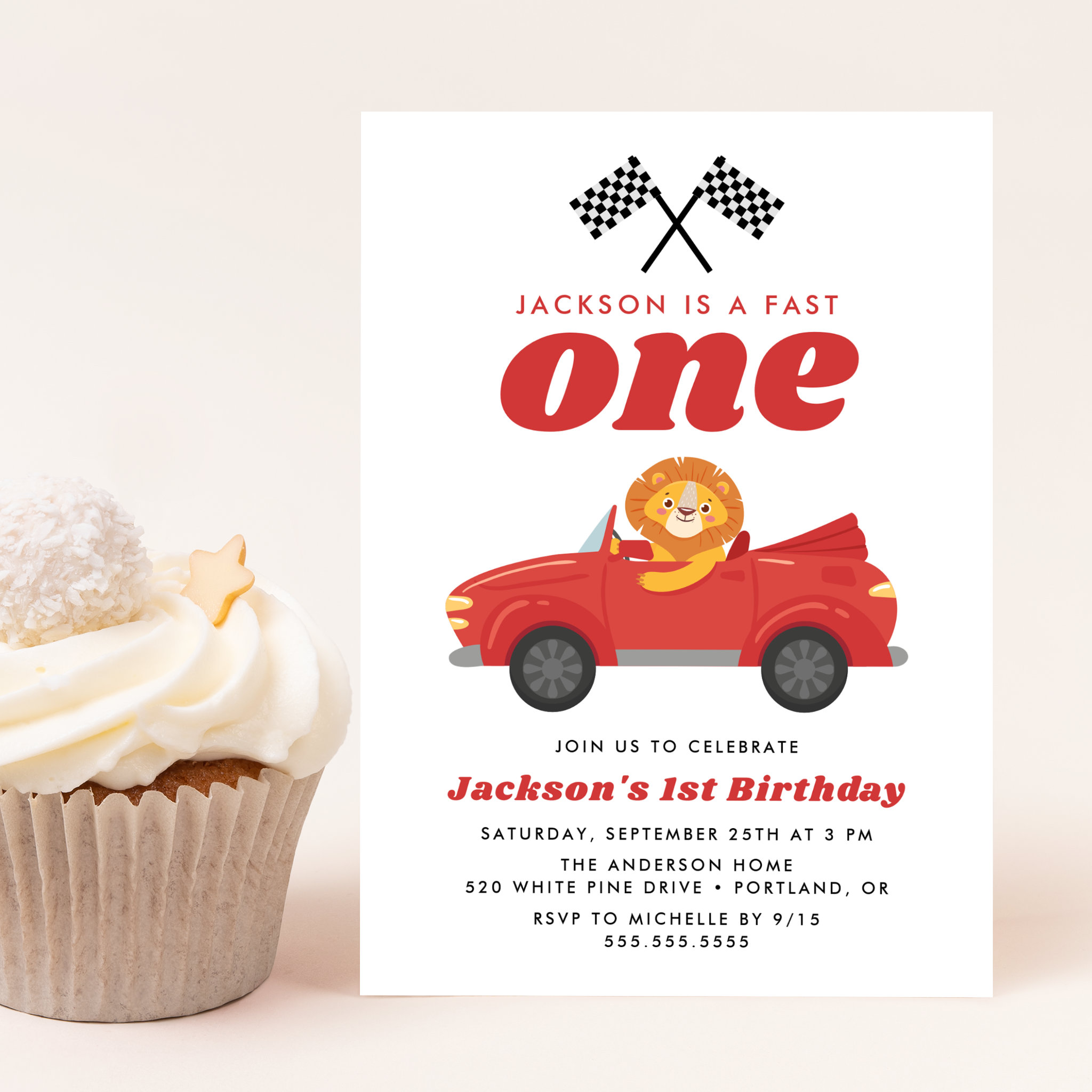 Fast One Lion Red Race Car Boy 1st Birthday Invitation