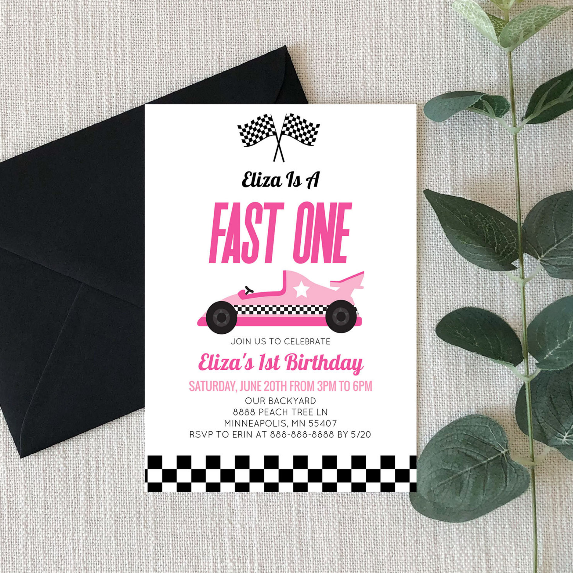 Fast One Pink Flame Race Car 1st Birthday Party Invitation