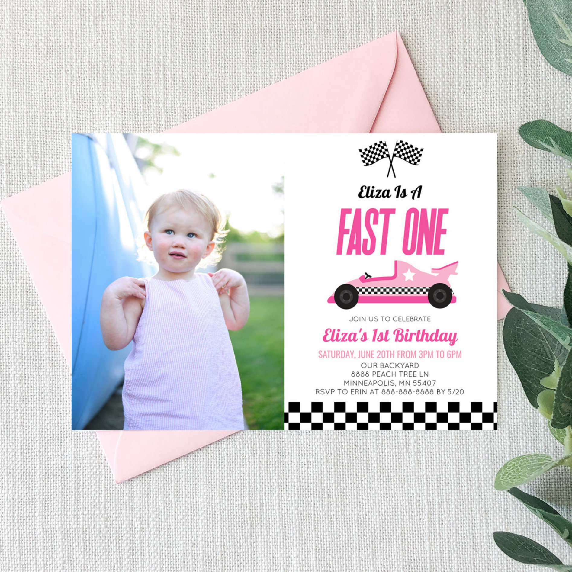 Fast One Pink Flame Race Car 1st Birthday Party Invitation