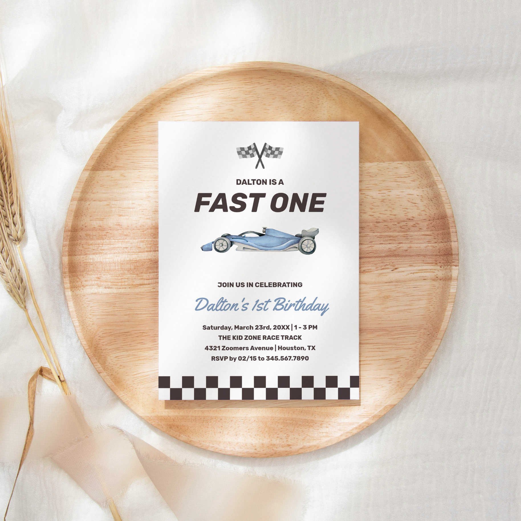 Fast One Race Car 1st Boy's Birthday Party Invitation