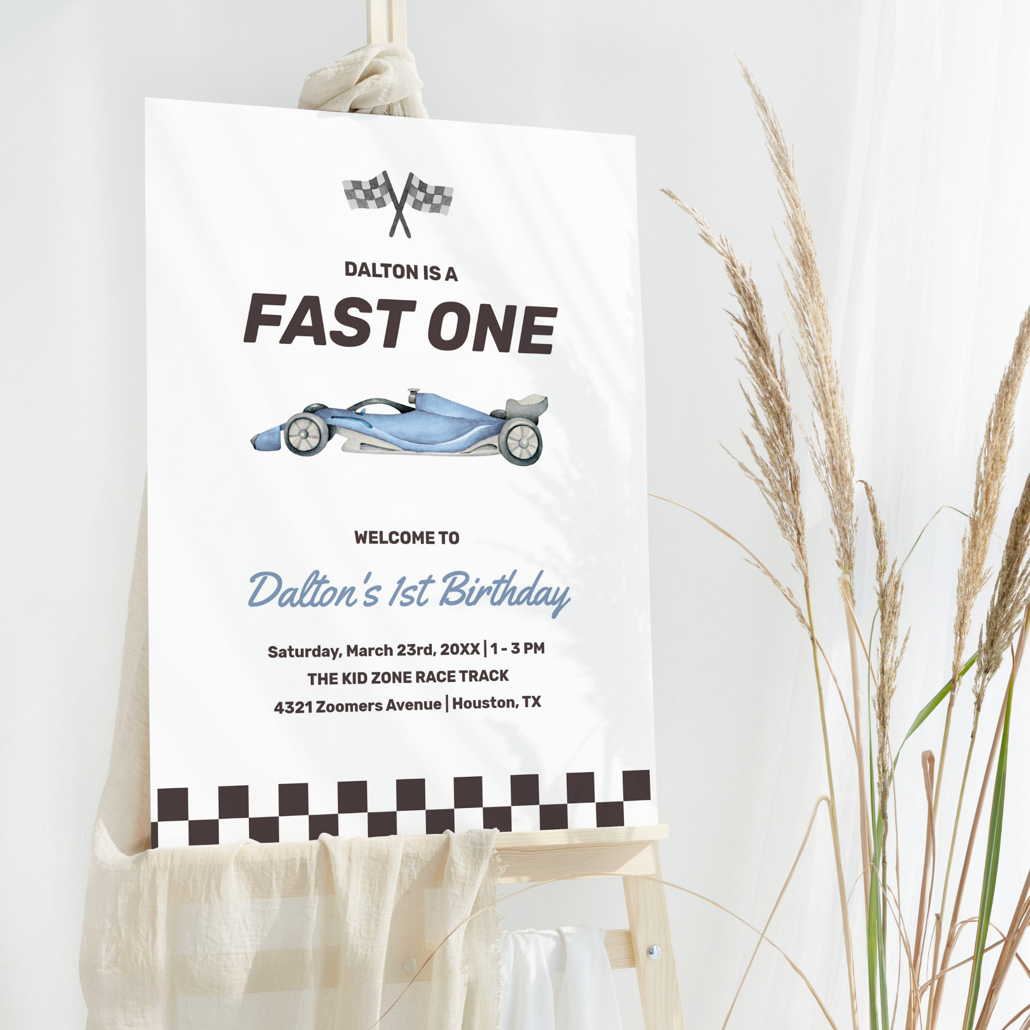 Fast One Race Car 1st Boy's Birthday Party Welcome Foam Board
