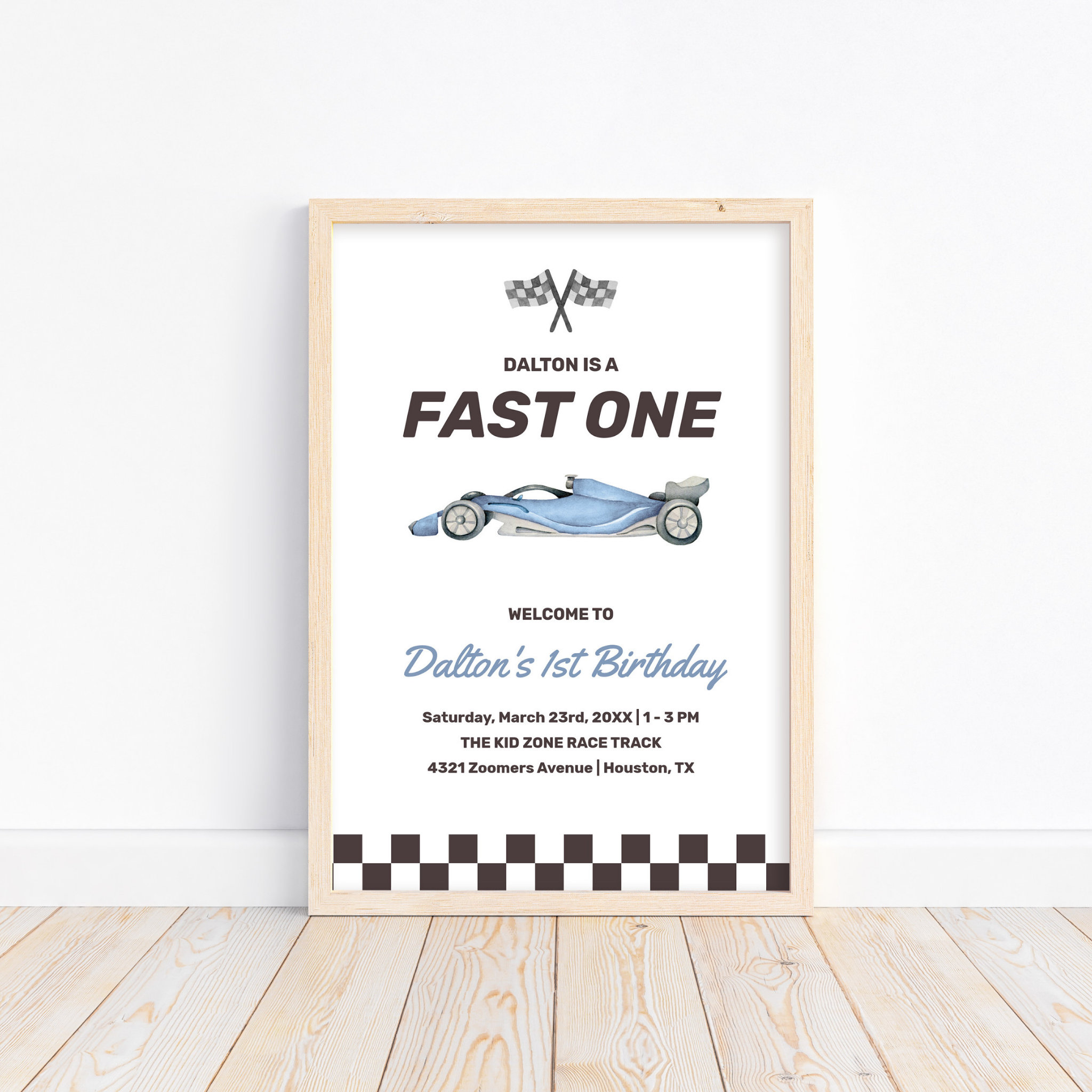Fast One Race Car 1st Boy's Birthday Party Welcome Poster