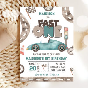 Fast One Race Car Boy 1st Birthday  Invitation