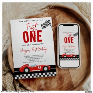 Fast One Race Car Boy 1st Birthday Party Invitation