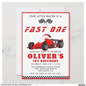 Fast One Race Car Boy 1st Birthday Party  Invitation