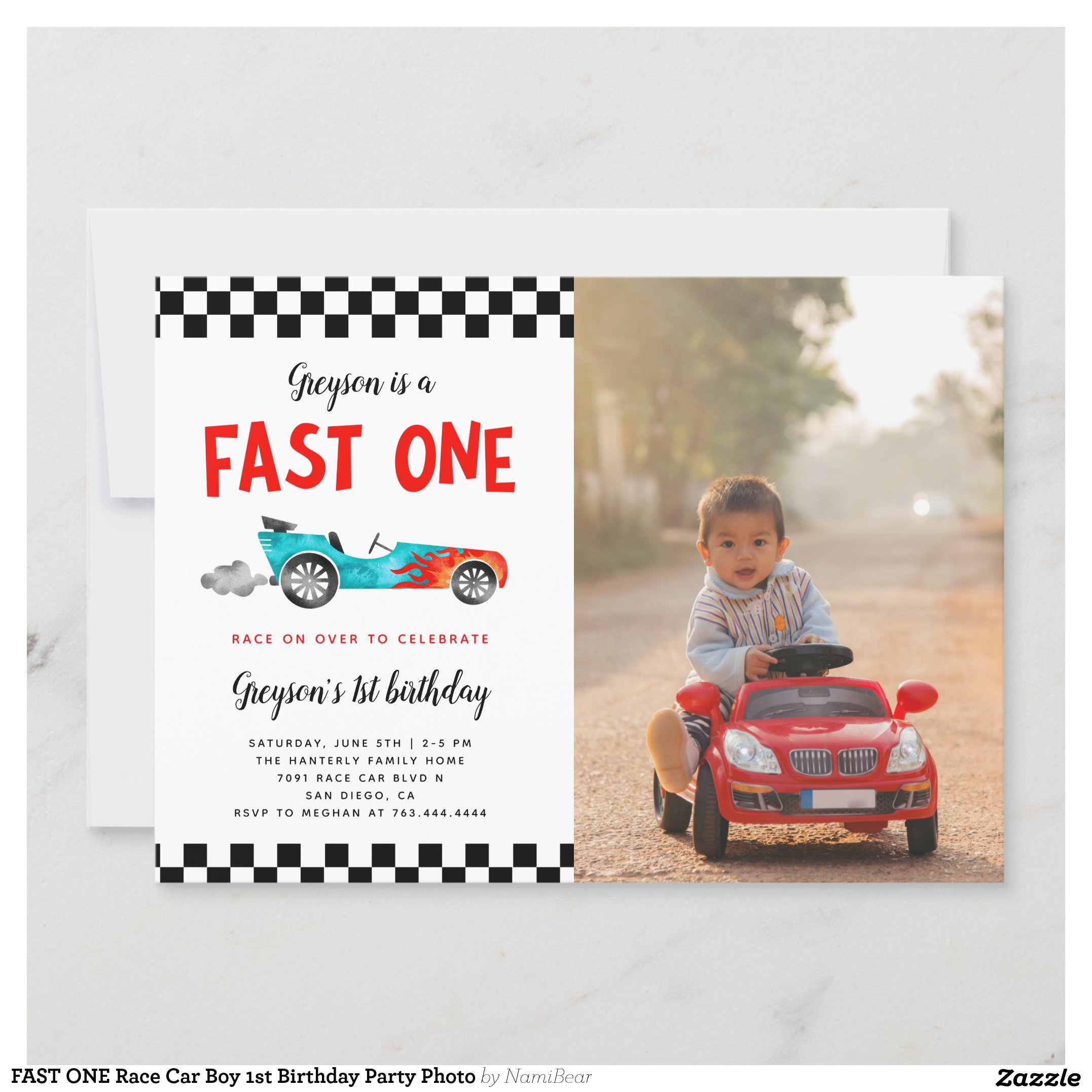FAST ONE Race Car Boy 1st Birthday Party Photo Invitation