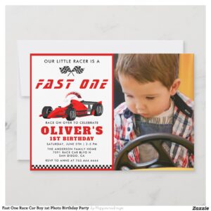 Fast One Race Car Boy 1st Photo Birthday Party  Invitation