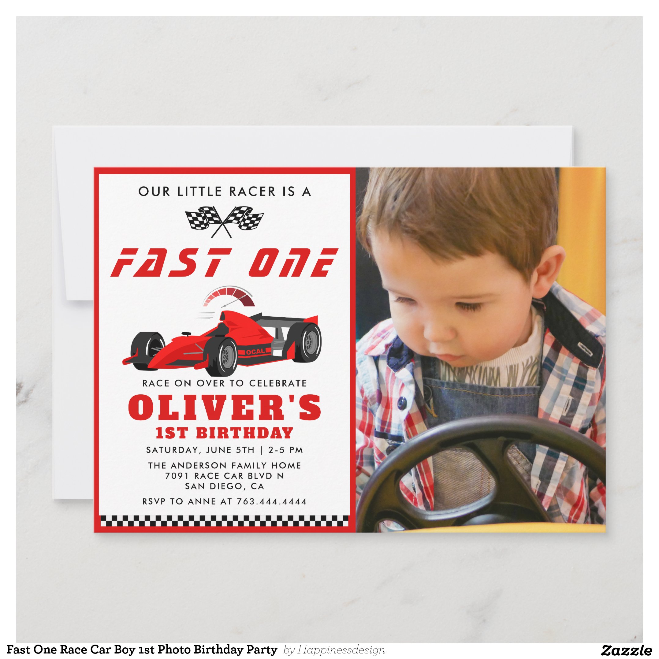 Fast One Race Car Boy 1st Photo Birthday Party  Invitation