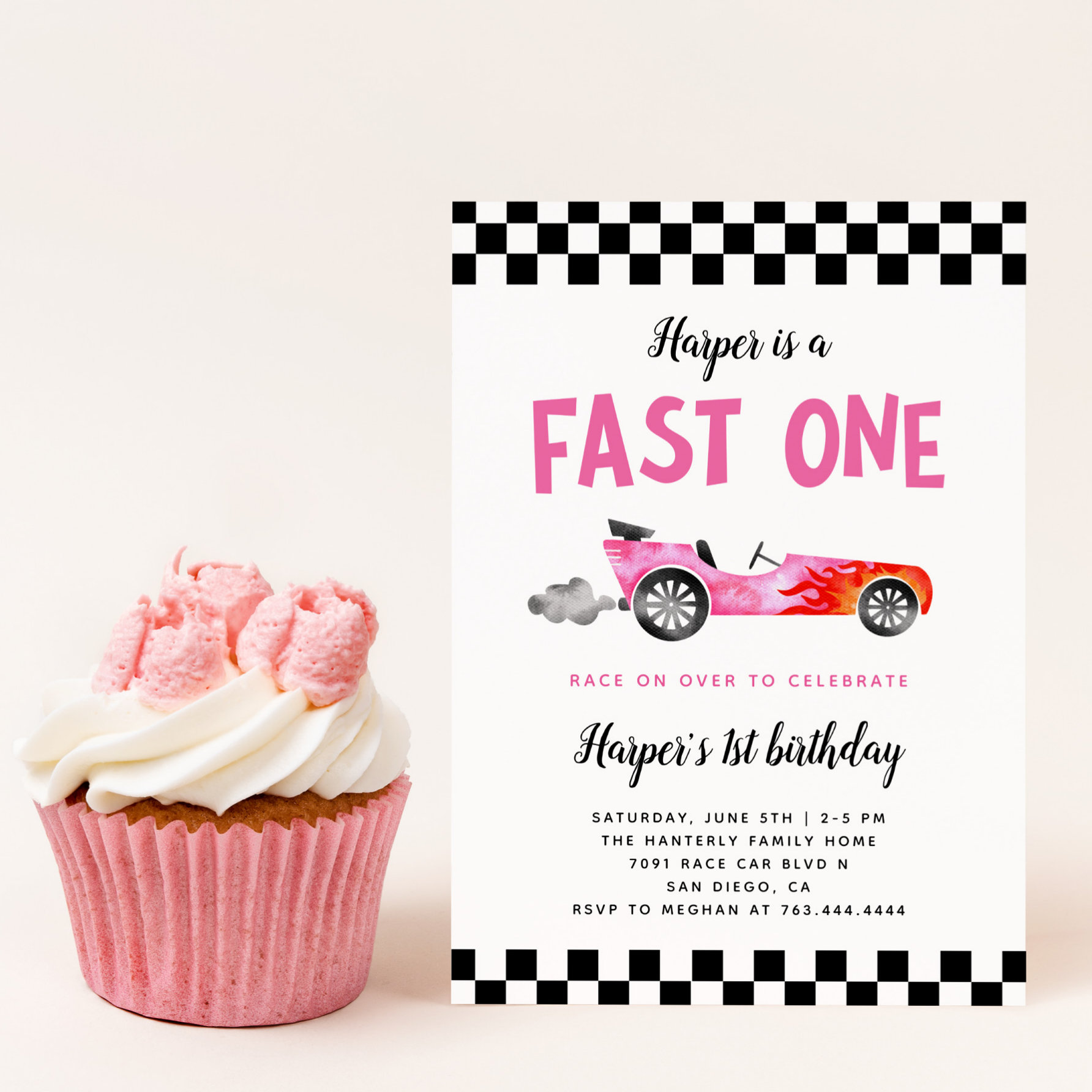 FAST ONE Race Car Girl 1st Birthday Party  Invitation