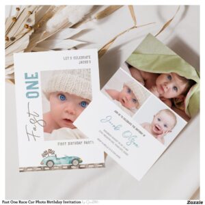 Fast One Race Car Photo Birthday Invitation
