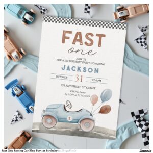 Fast One Racing Car Blue Boy 1st Birthday Invitation