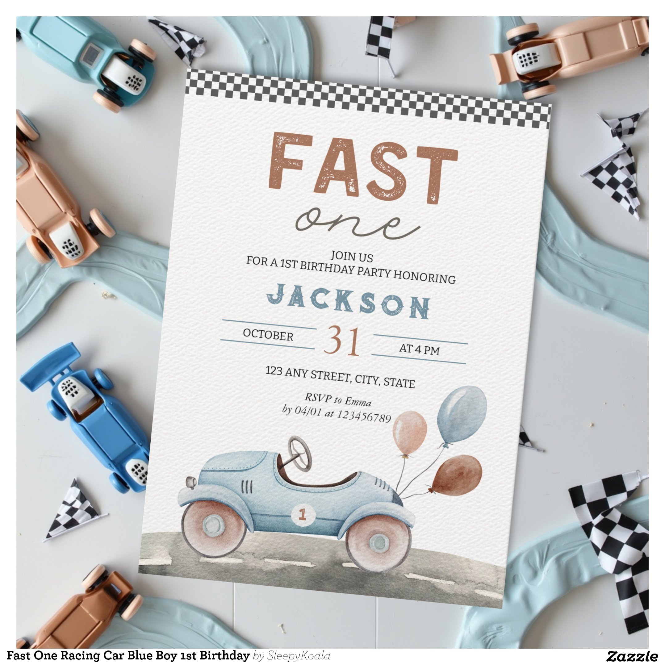 Fast One Racing Car Blue Boy 1st Birthday Invitation