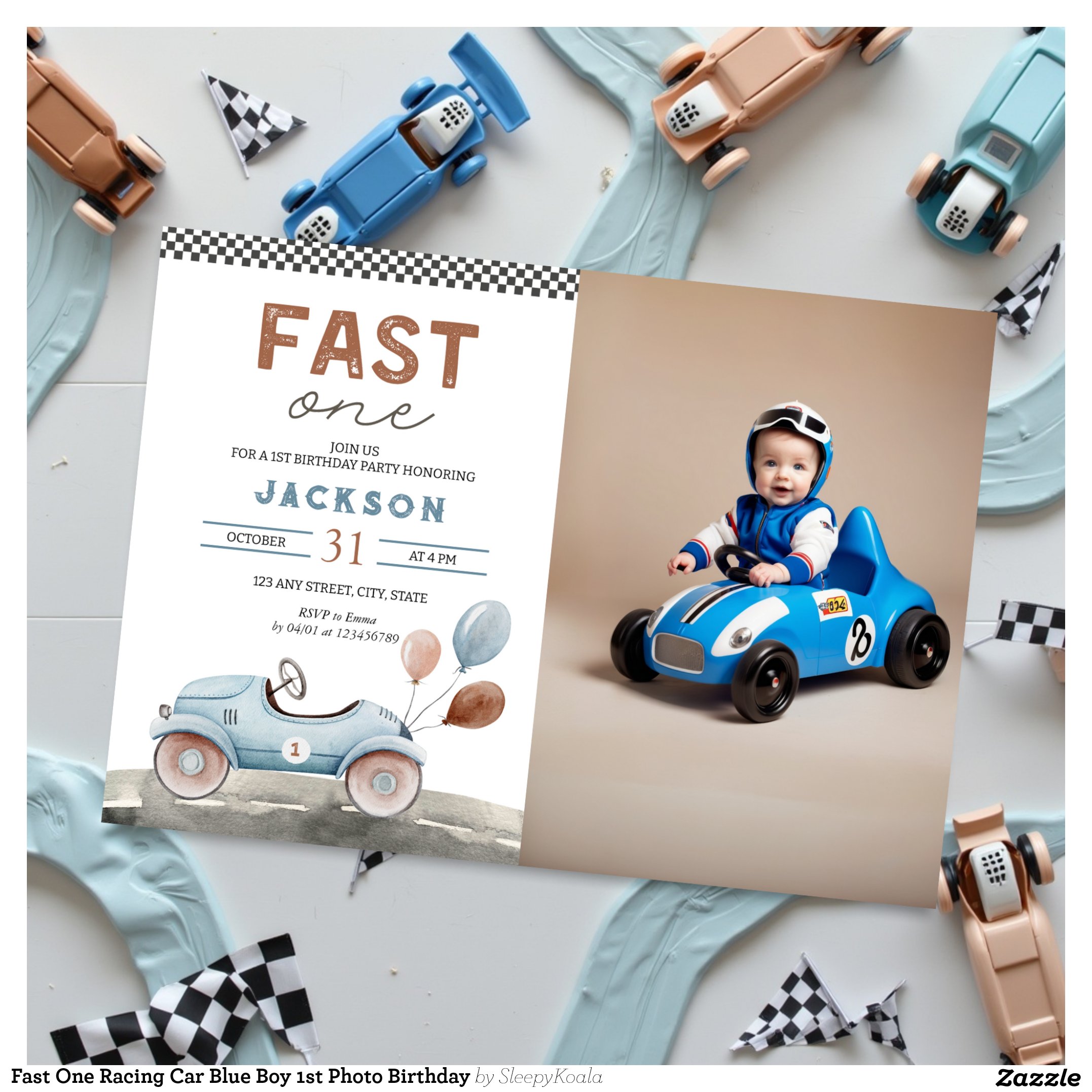 Fast One Racing Car Blue Boy 1st Photo Birthday Invitation
