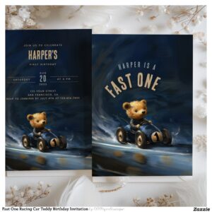 Fast One Racing Car Teddy Birthday Invitation