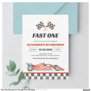 Fast One Racing Car Vintage First Birthday Invitation
