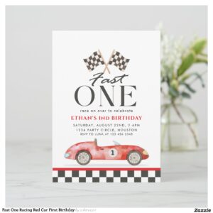 Fast One Racing Red Car First Birthday Invitation